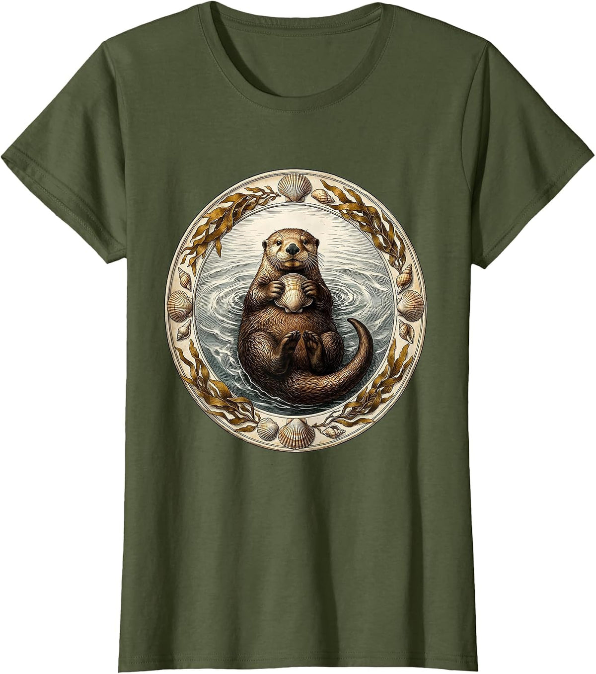 Women's Sea Otter Floating With Clam Illustration T-Shirt - Olive Green
