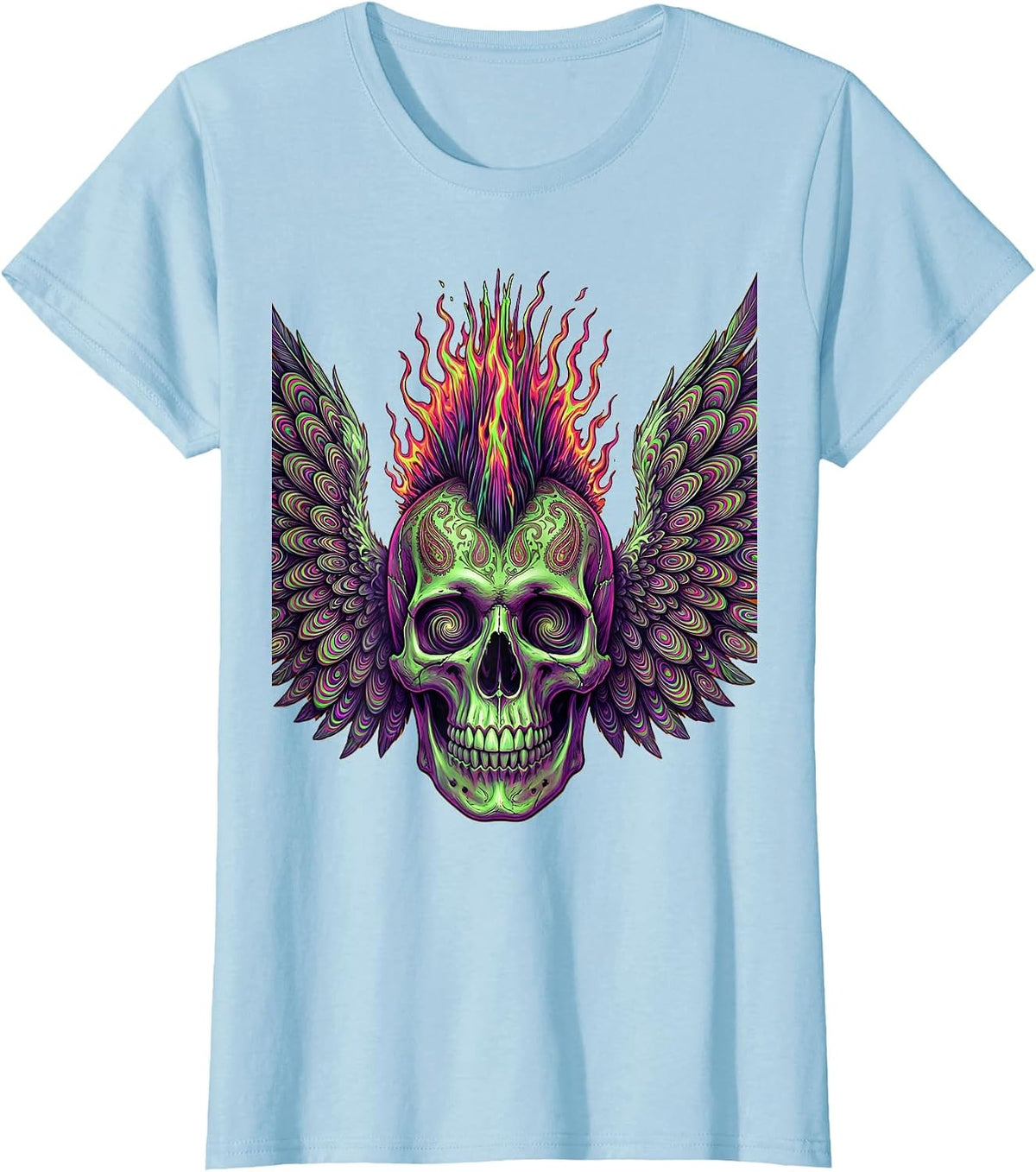 Winged Skull Mohawk Rock and Roll Graphic T-Shirt - Baby Blue
