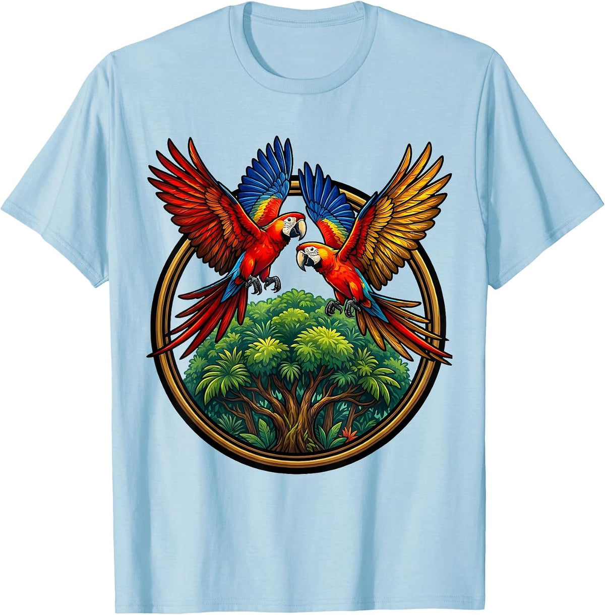 Men's Colorful Macaws Flying Over Brazilian Canopy T-Shirt - Baby Blue