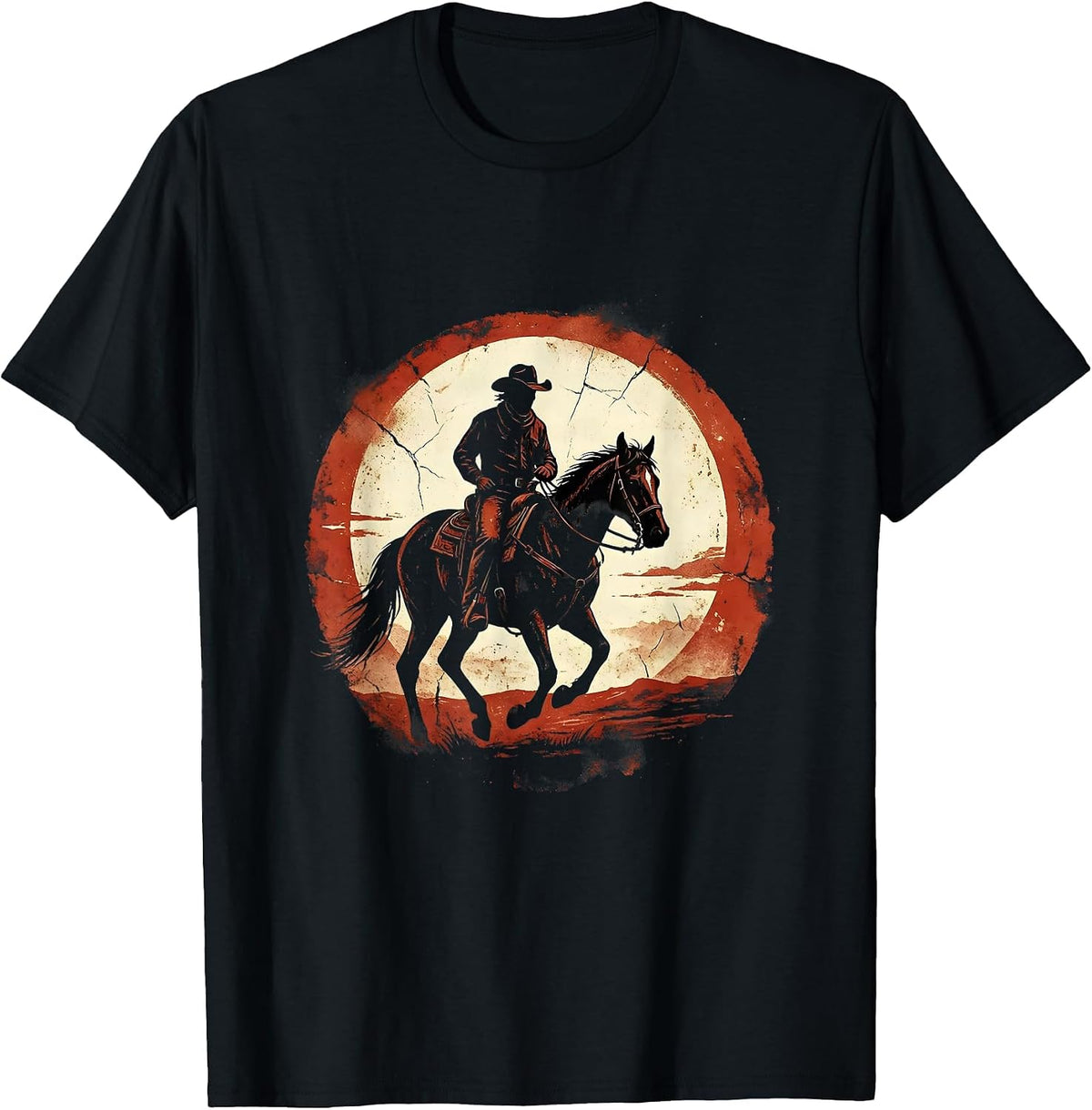 Men's Lone Cowboy Riding Into the Sunset Western Art T-Shirt - Black