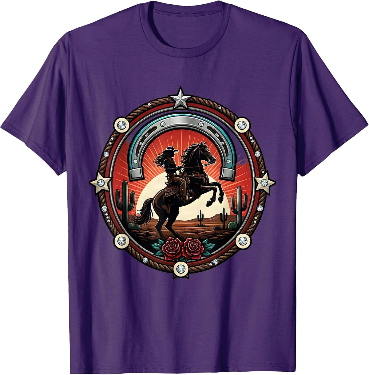 Cowgirl Riding Horse Desert Sunset Illustration T-Shirt - Purple