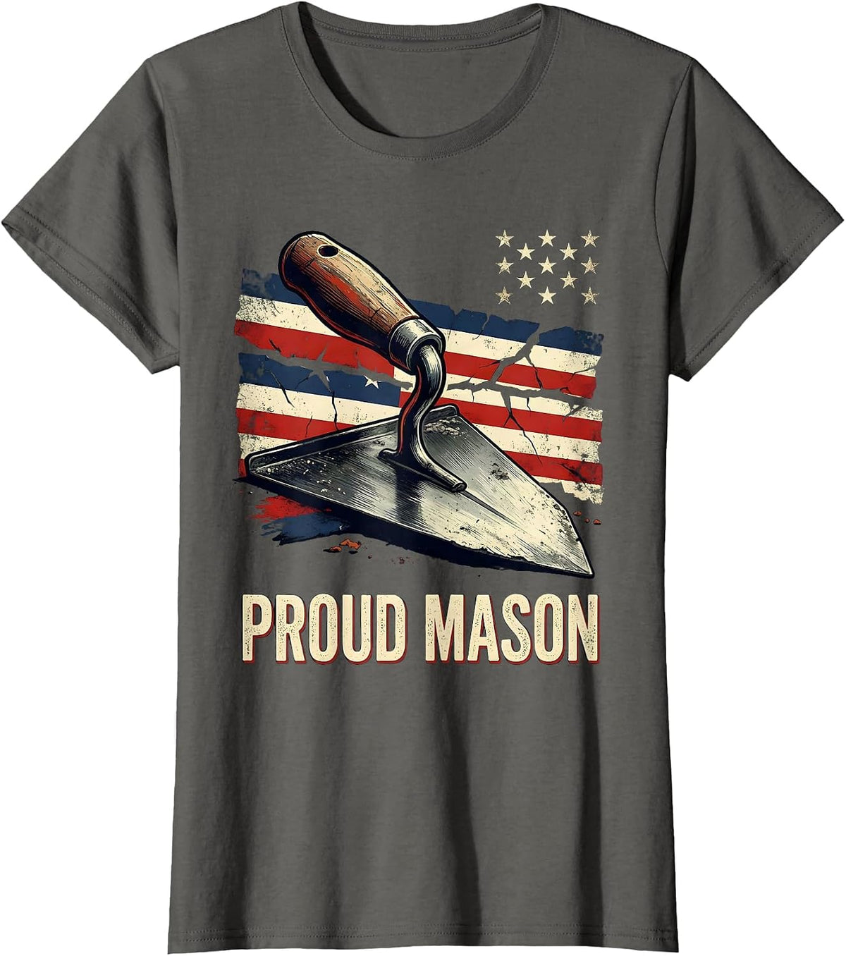 Women's Proud Mason Distressed American Flag Bricklayer T-Shirt - Asphalt Grey