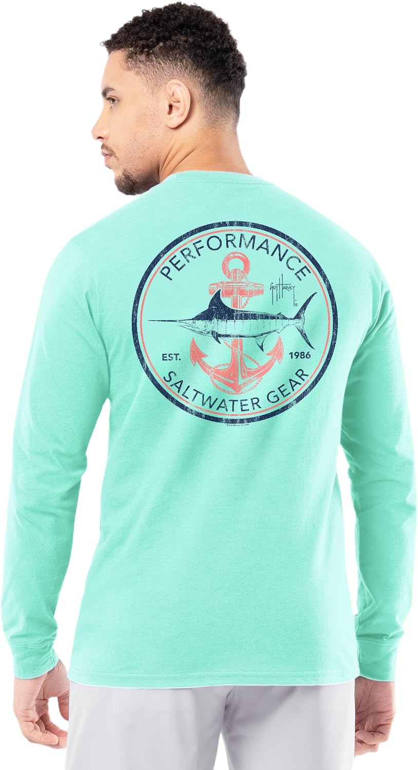 Guy Harvey Men’s Long Sleeve OG Cotton Graphic T-Shirt - Beach Glass\/Saltwater Core