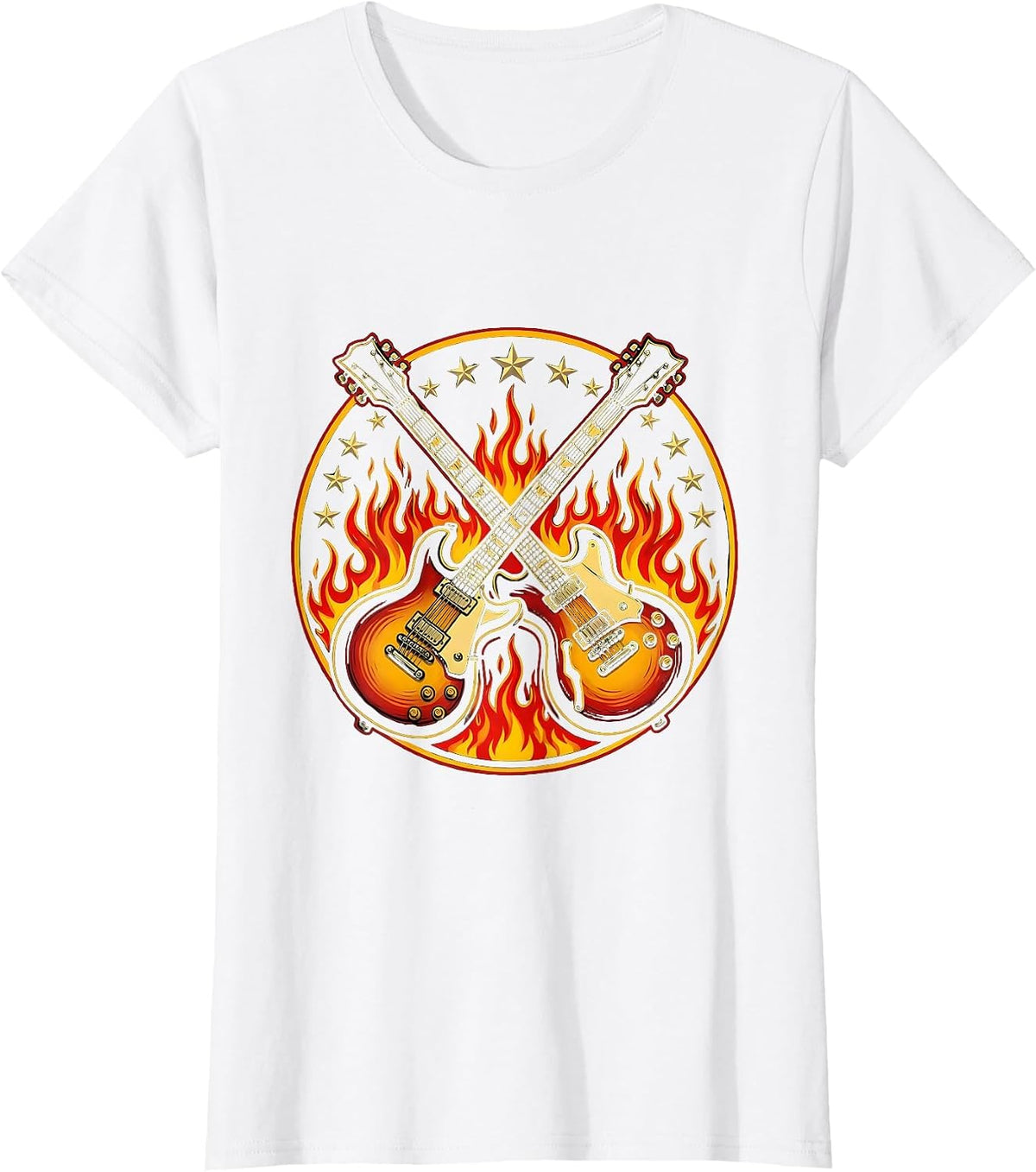 Double-Neck Guitar Flames Stars 80s Rock Design T-Shirt - White