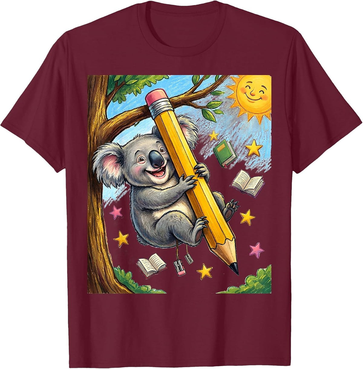Koala on Pencil Back to School Kids Graphic T-Shirt - Burgundy