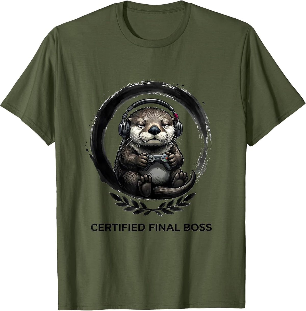 Men's Certified Final Boss Funny Anime Gamer Animal Mascot Otaku T-Shirt - Olive Green