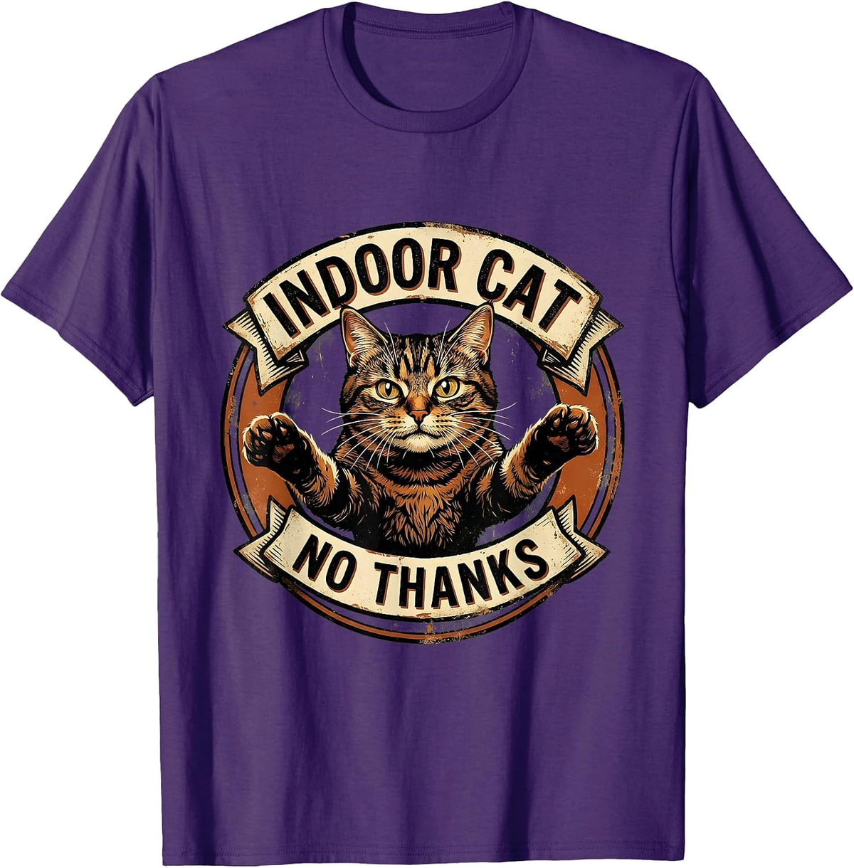 Indoor Cat No Thanks Funny Cat Meme Design T-Shirt - Purple