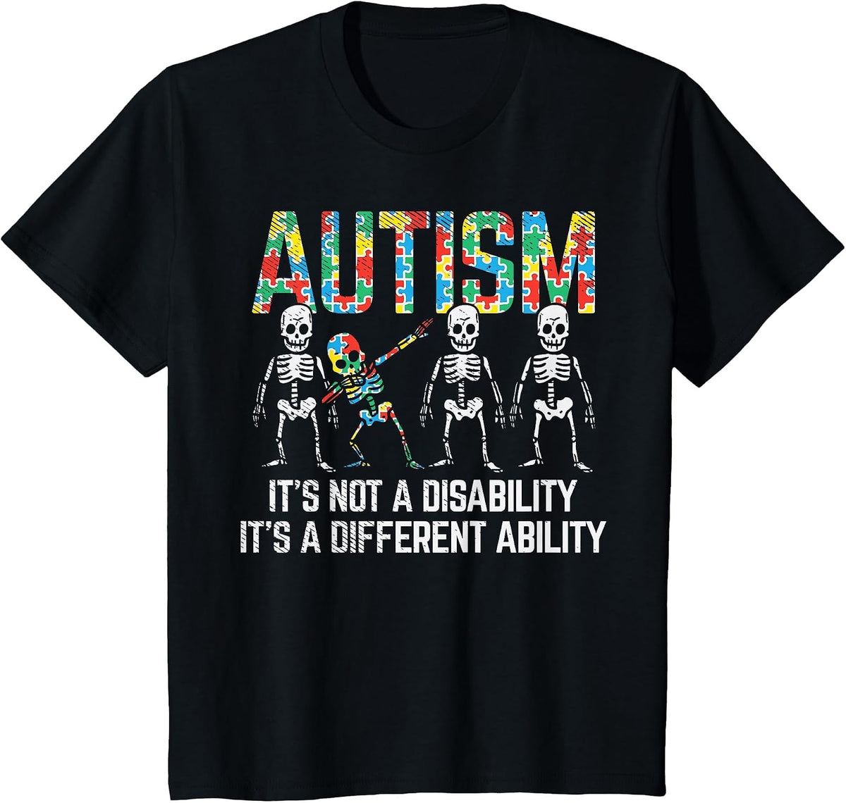 Dabbing Skeleton Not A Disability Autism Awareness Kids Boys T-Shirt - Black