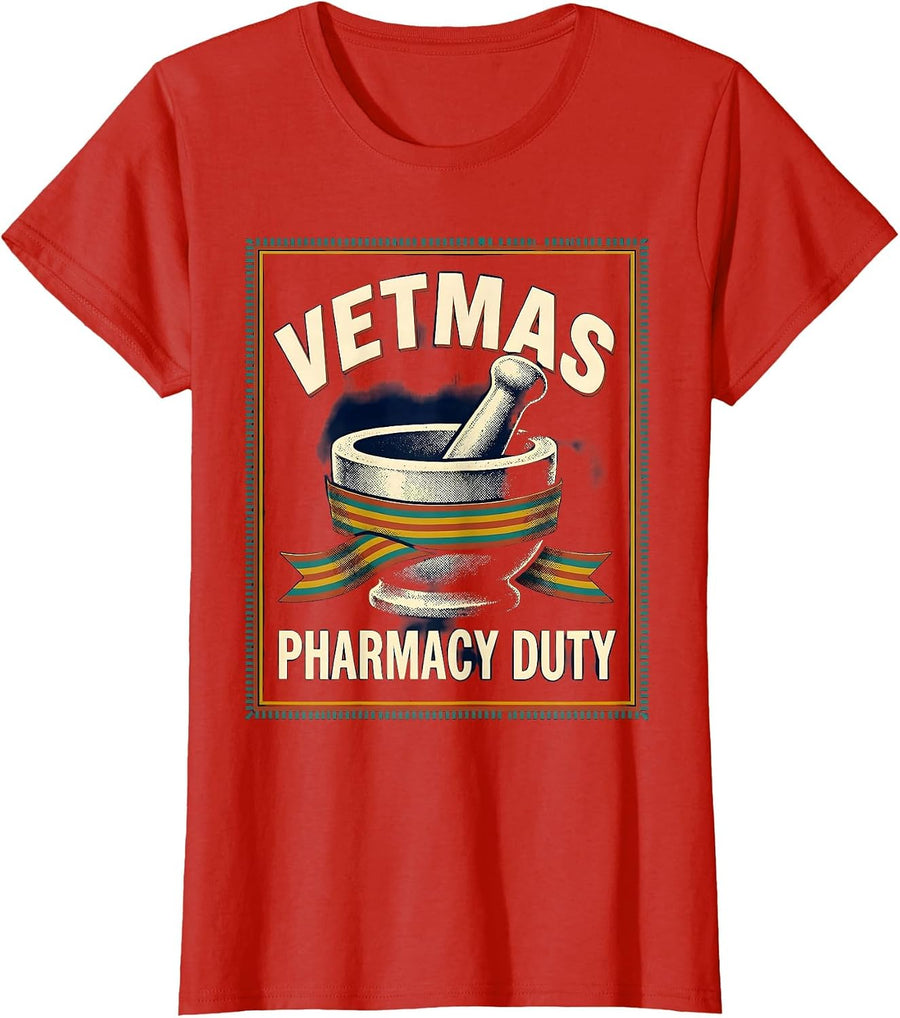 Women's Vetmas Pharmacy Duty Funny Vet Tech Christmas Veterinary T-Shirt - Red