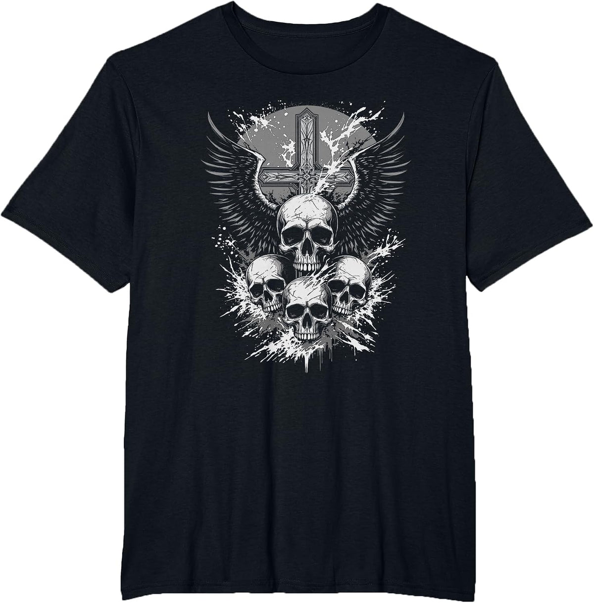 Gothic Skull Cross Art Wings Grunge Punk Y2K Emo Aesthetic T-Shirt - Black