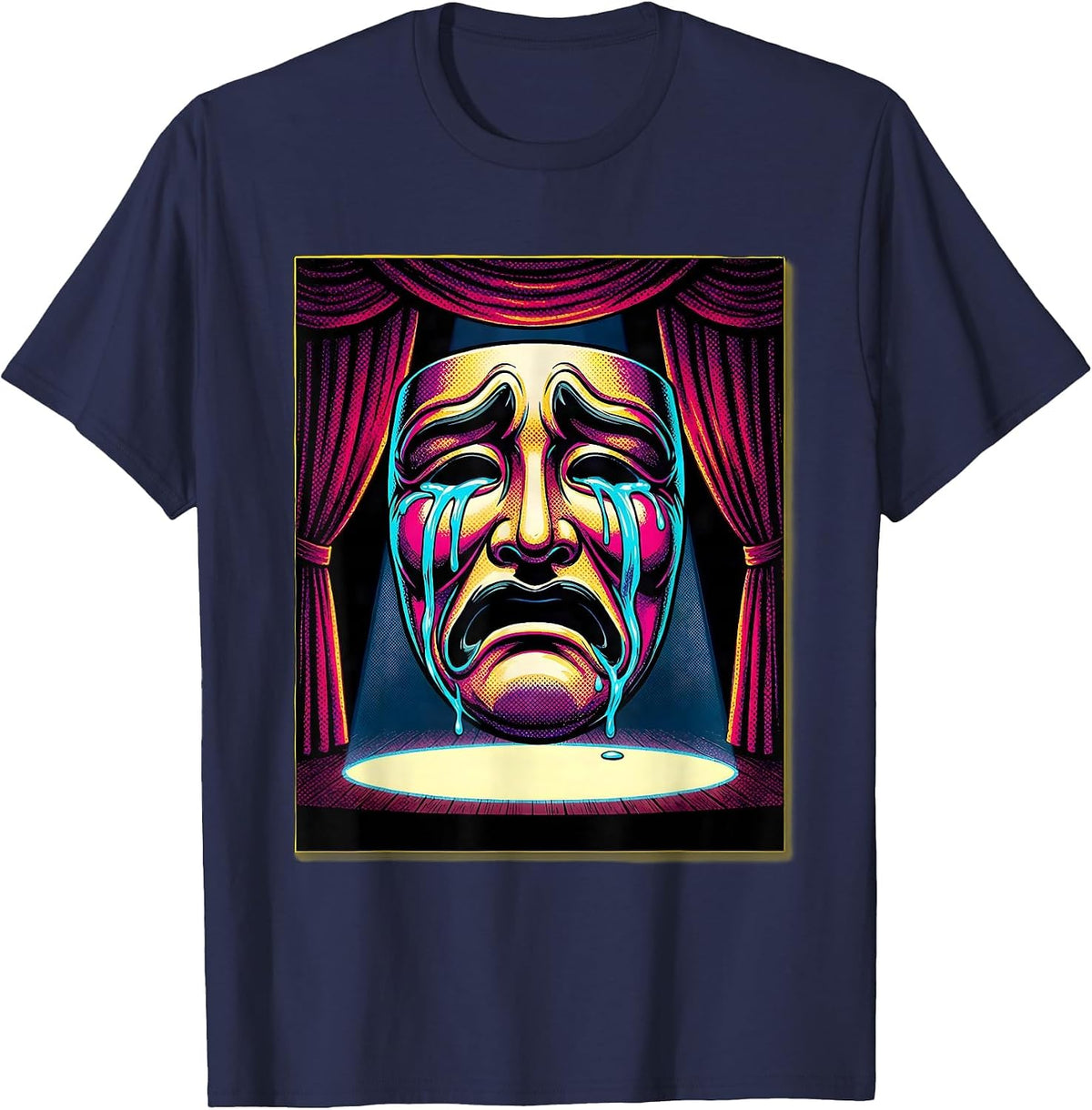 Crying Drama Mask Theater Stage Illustration T-Shirt - Navy Blue