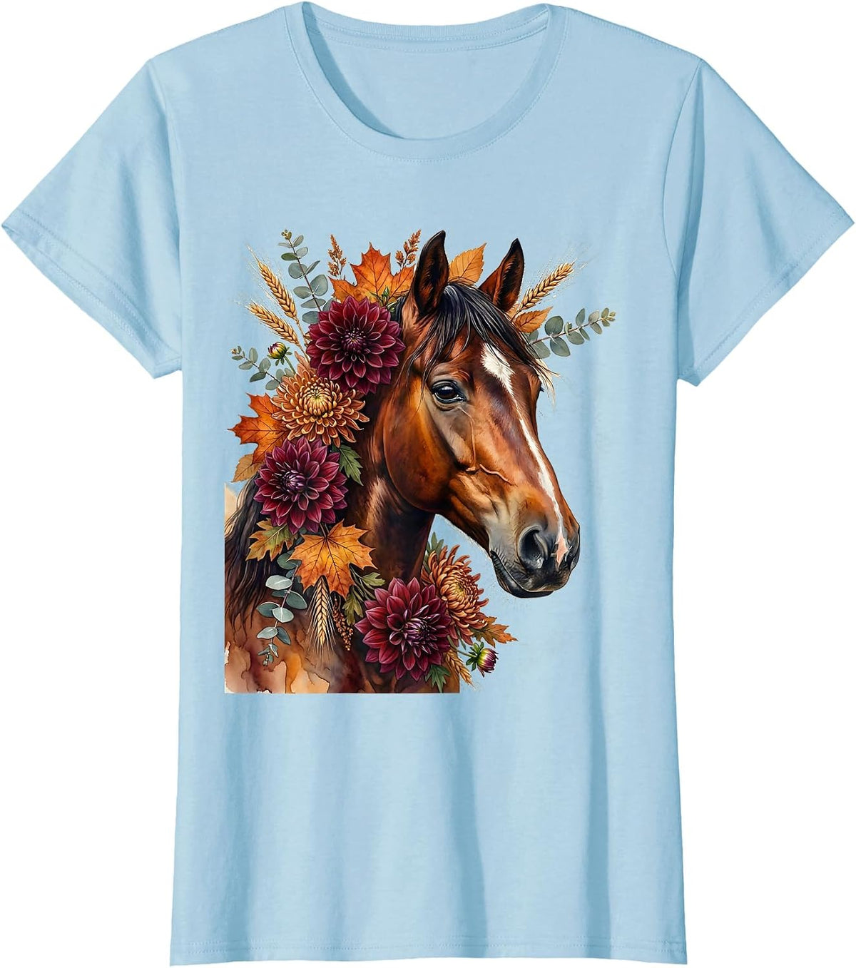 Women's Horse Portrait Fall Floral Derby Botanical Art T-Shirt - Baby Blue