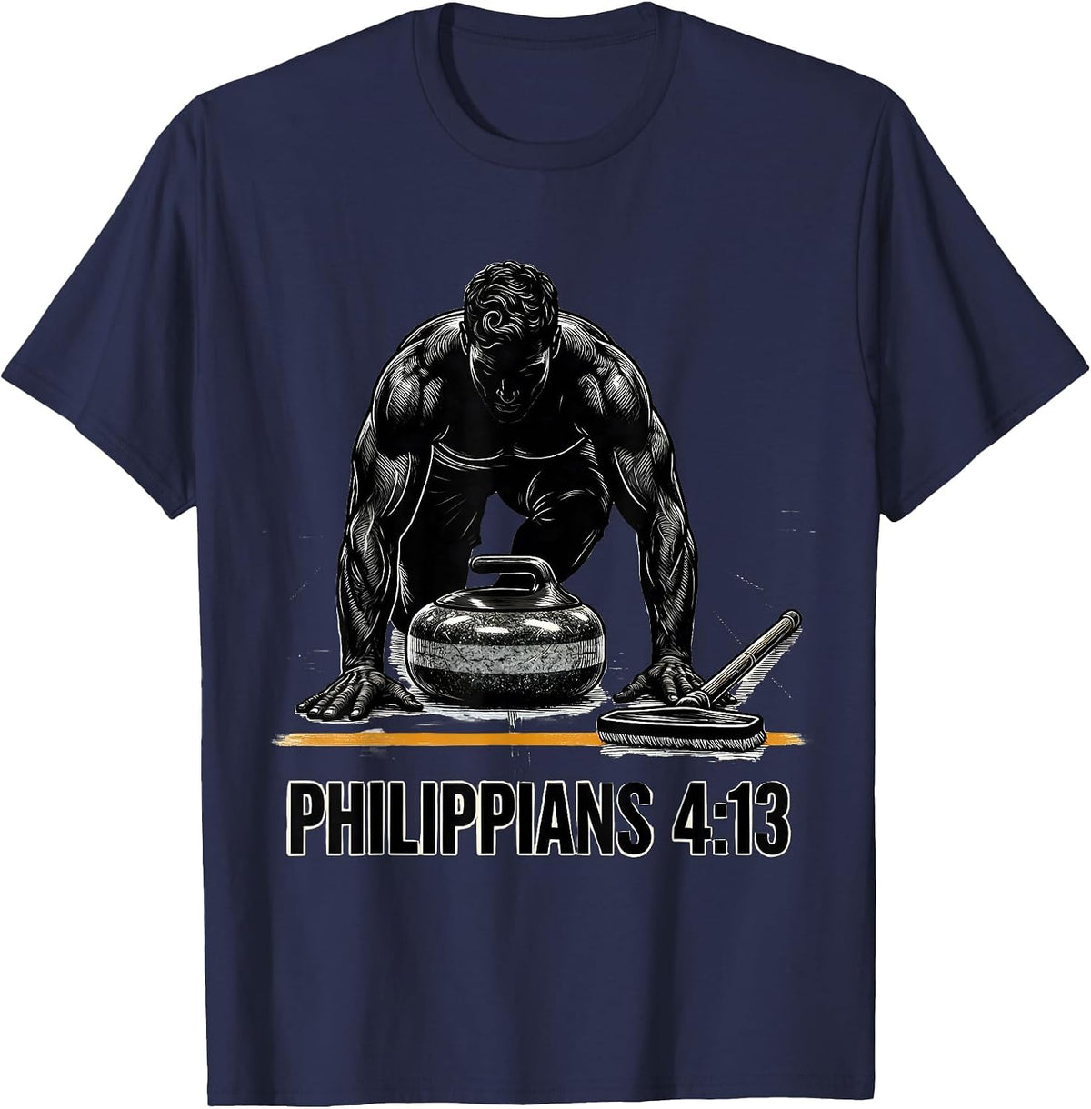 Philippians 4:13 Scratchboard Curling Athlete Faith Graphic T-Shirt - Navy Blue