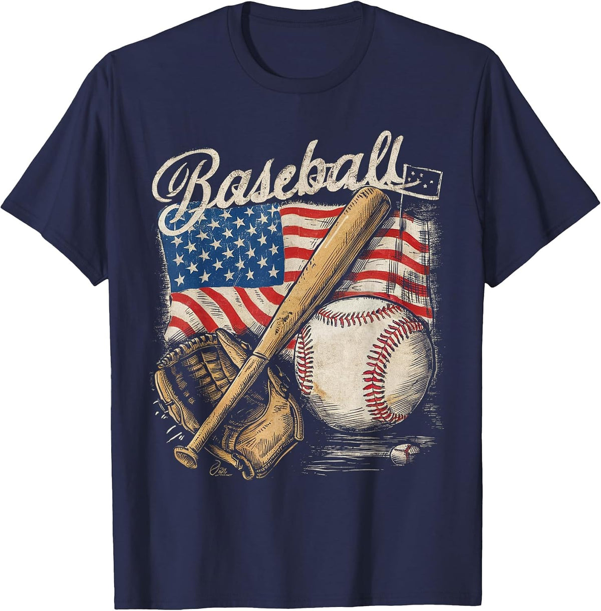 American Flag Baseball Player Bat Fan Catcher Pitcher USA T-Shirt - Navy Blue