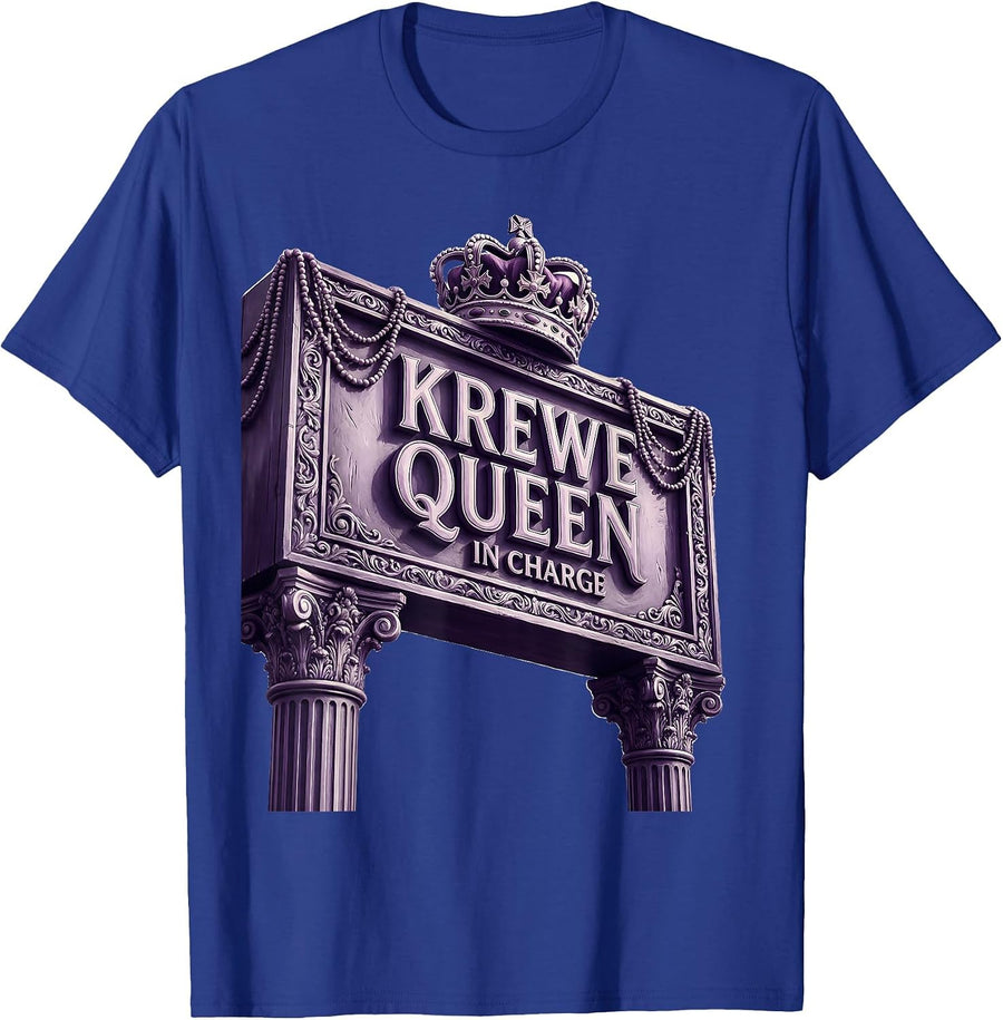 Krewe Queen In Charge Mardi Gras Design T-Shirt - Royal Blue