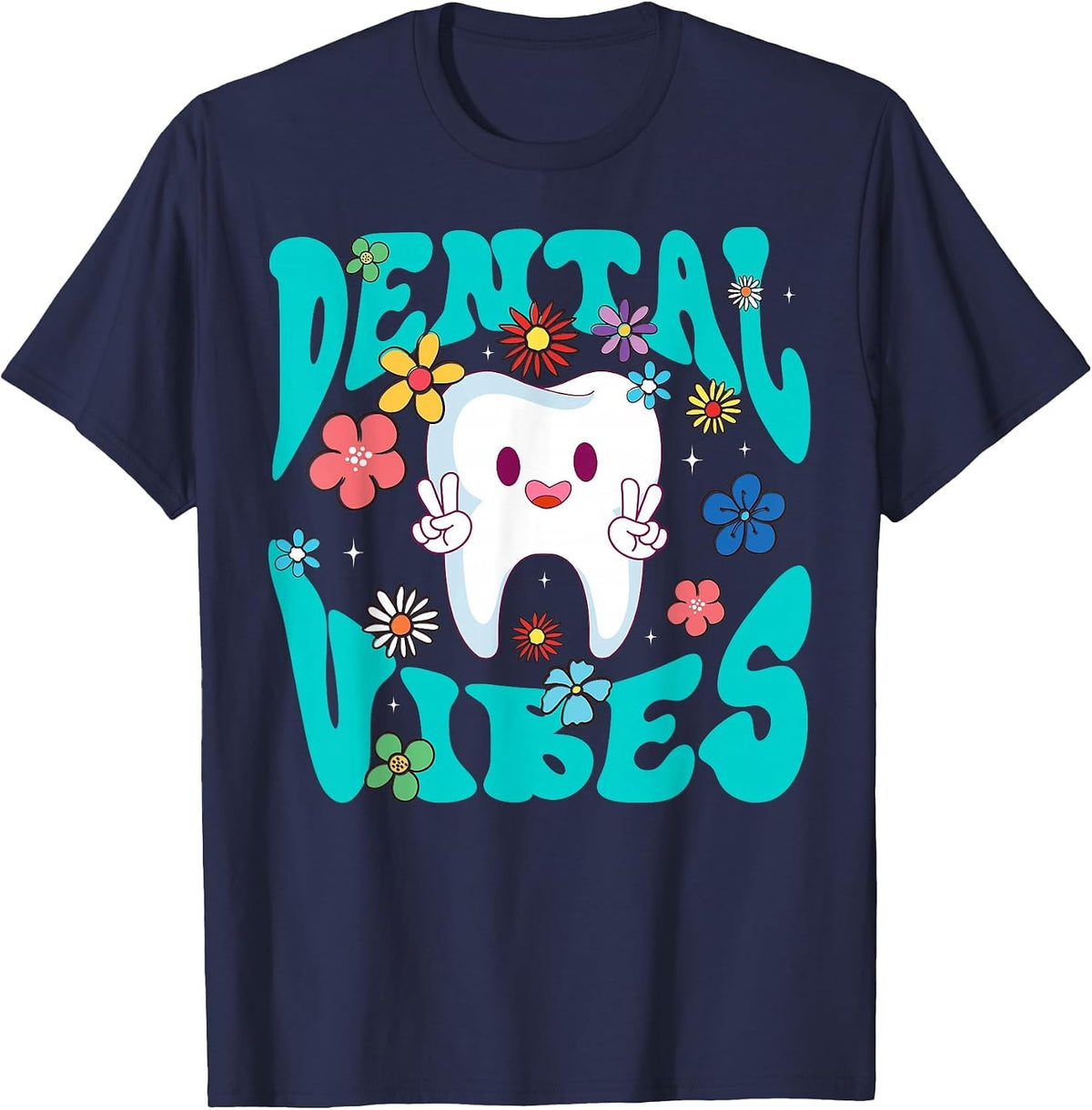 Retro Groovy Dental Vibes Funny Dentist Hygienist Men Women T-Shirt - Navy Blue