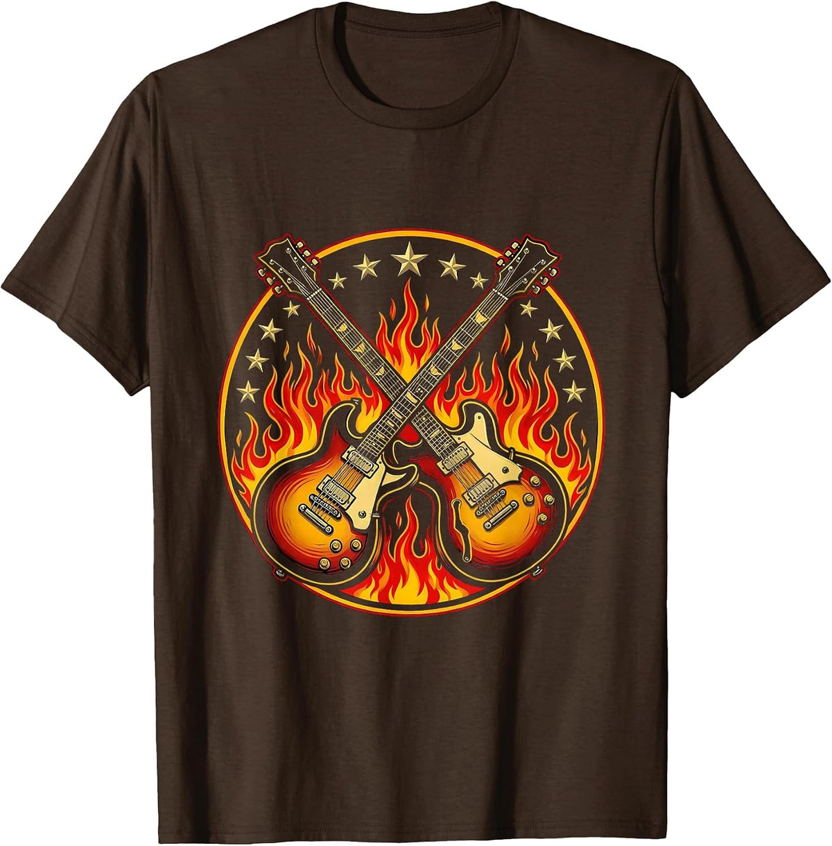 Double-Neck Guitar Flames Stars 80s Rock Design T-Shirt - Brown