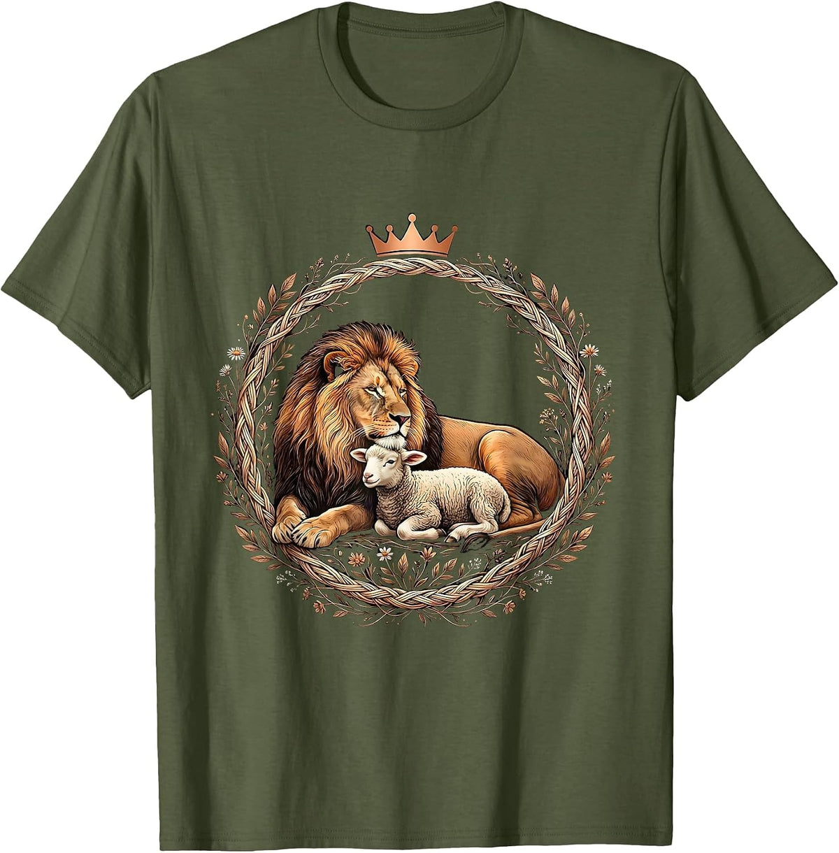 Men's Jesus Is King Lion and Lamb Resting Together T-Shirt - Olive Green