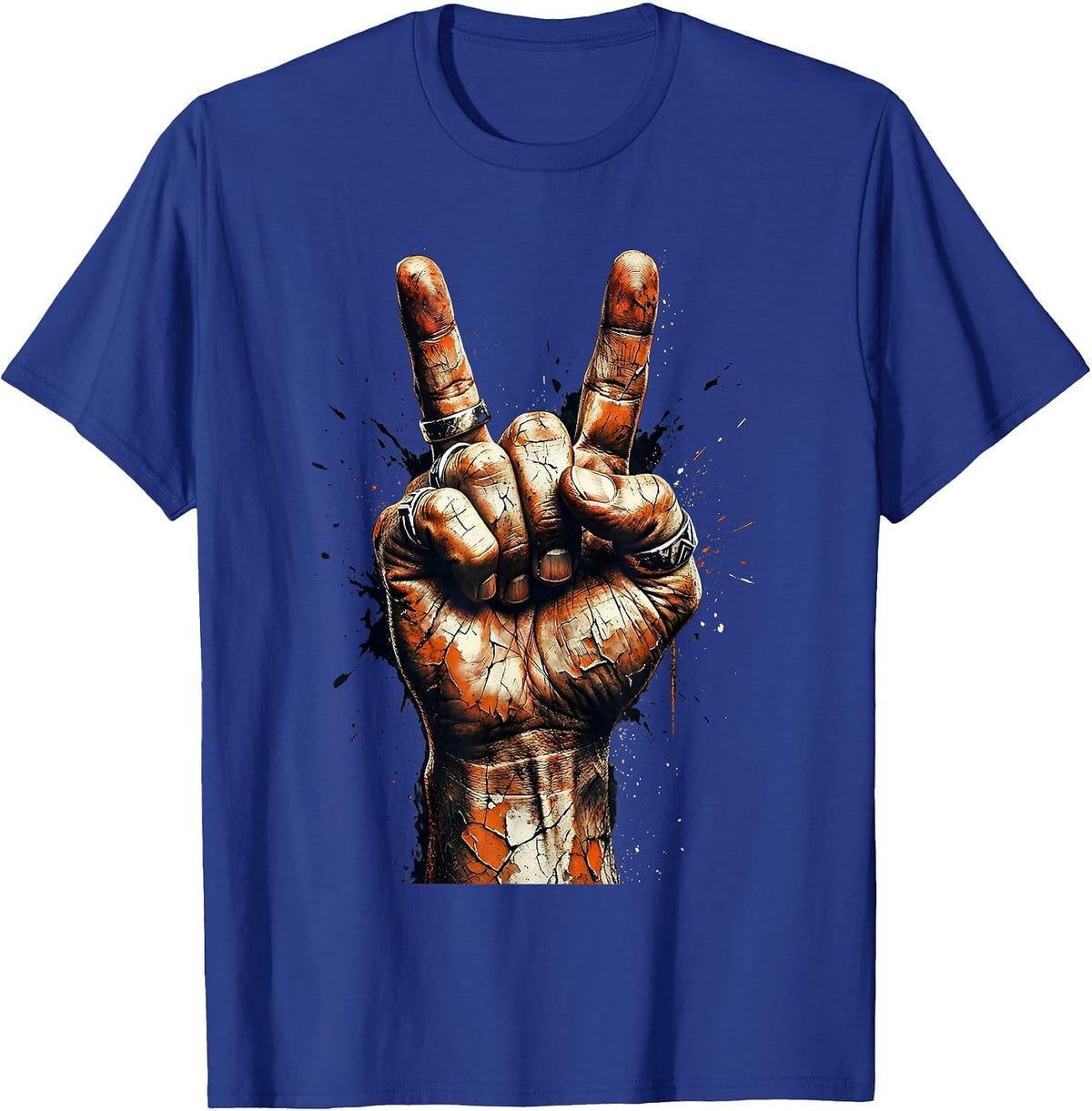Men's Rock Devil Horns Hand Gesture Rings Graphic T-Shirt - Royal Blue