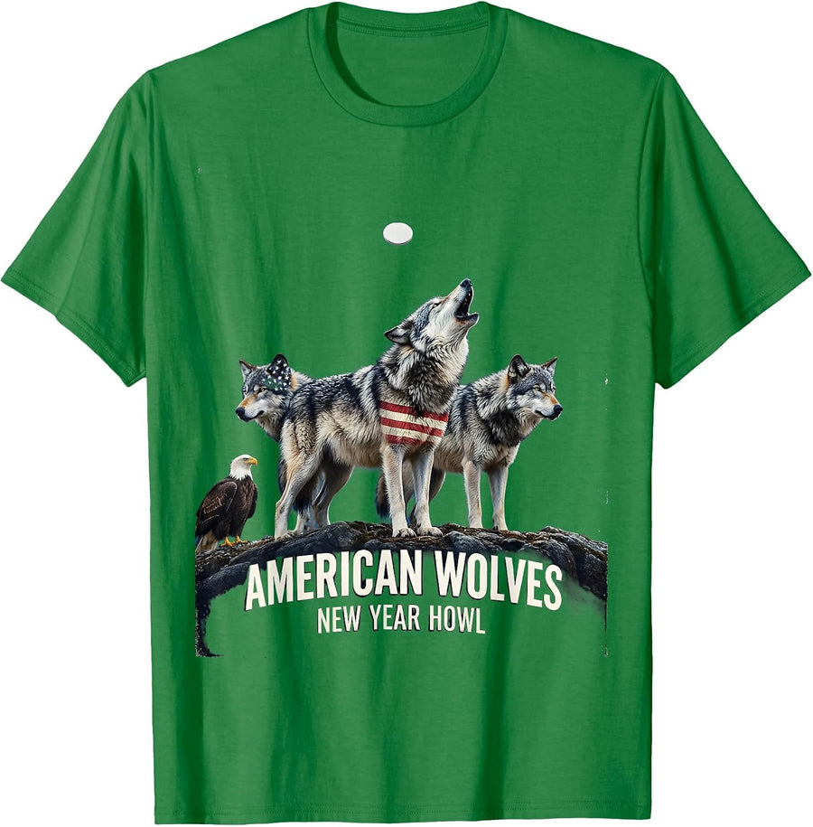 Men's American Wolves New Year Howl Patriotic Wolf Lover USA Flag T-Shirt - Kelly Green