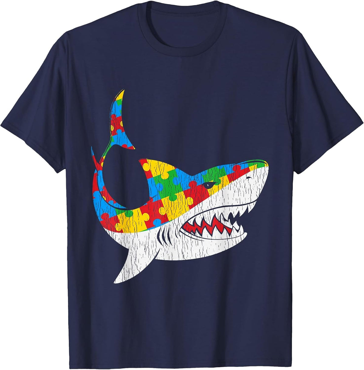 Vintage Shark Puzzle Autistic Kids Autism Awareness Shark T-Shirt - Navy Blue