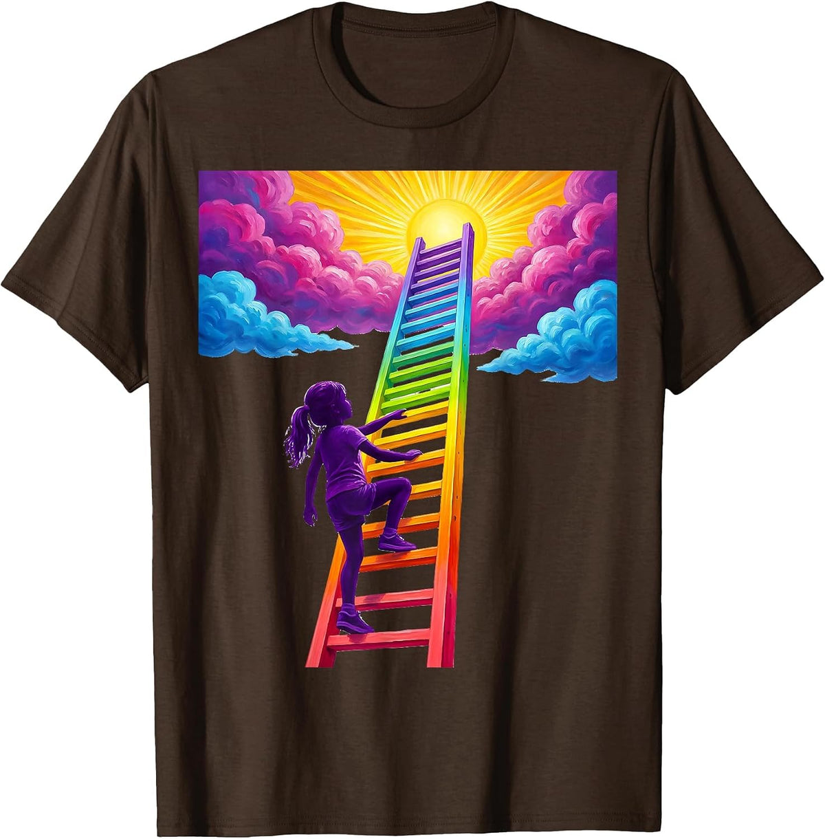 Girl Climbing Ladder to the Sky Illustration T-Shirt - Brown