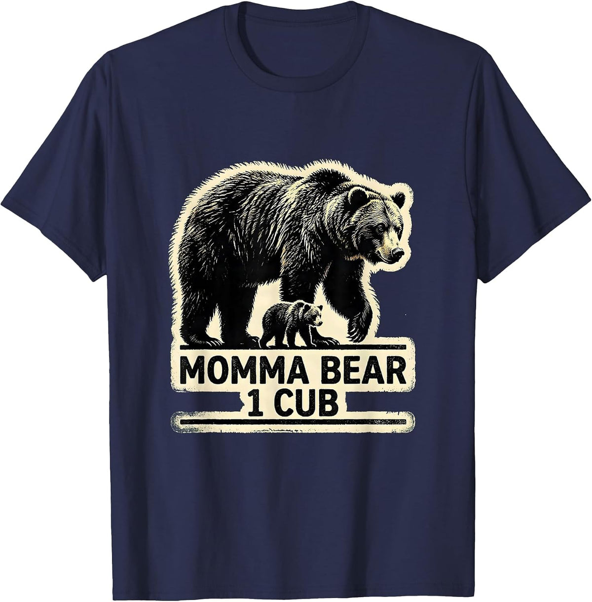 Men's Momma Bear 1 Cub Rubber Stamp Family Matching Parent Child T-Shirt - Navy Blue
