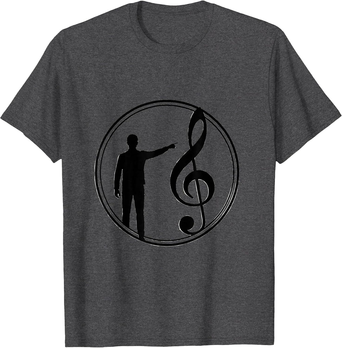Music Teacher Silhouette Pointing at Giant Music Note T-Shirt - Dark Heather Grey