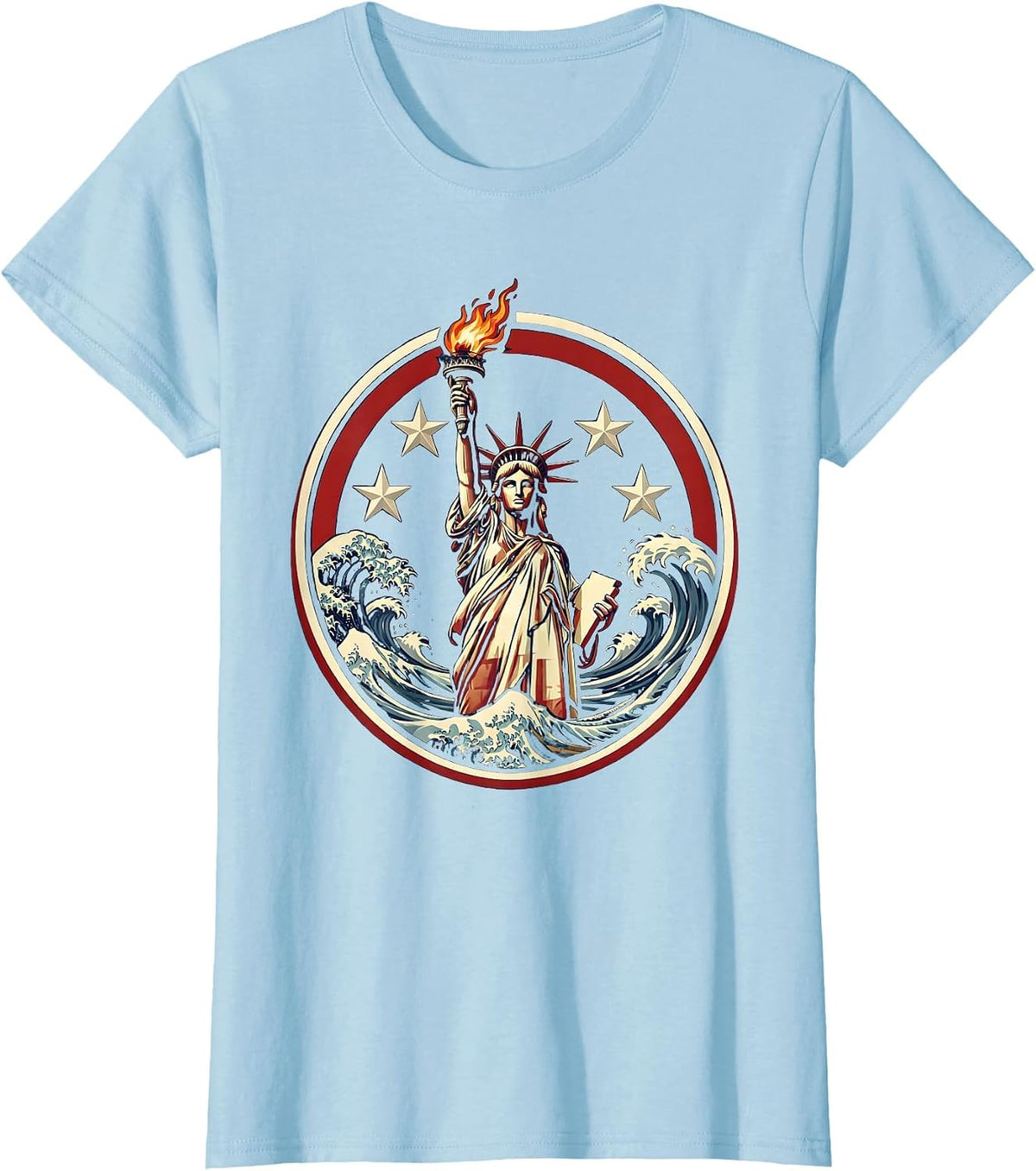 Red White and Blue Torch Bearer Ocean Waves T-Shirt - Baby Blue