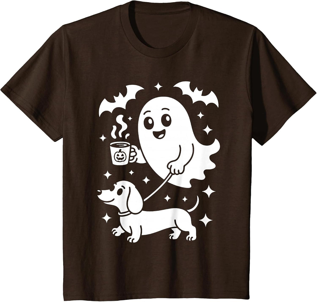 Cute Ghost Walking Dog Dachshund Coffee Halloween Costume T-Shirt - Brown
