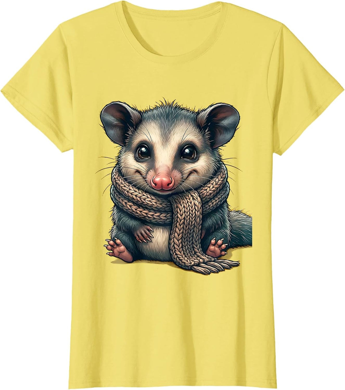 Cozy Opossum Wrapped in Knitted Scarf Graphic T-Shirt - Lemon Yellow