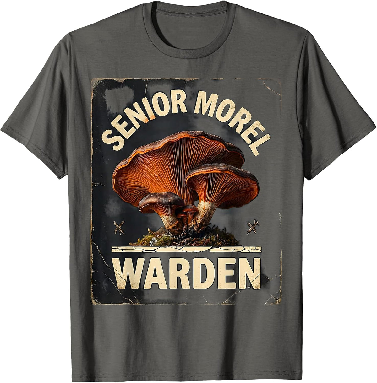 Men's Senior Morel Warden Distressed Mushroom Forager Mycology T-Shirt - Asphalt Grey