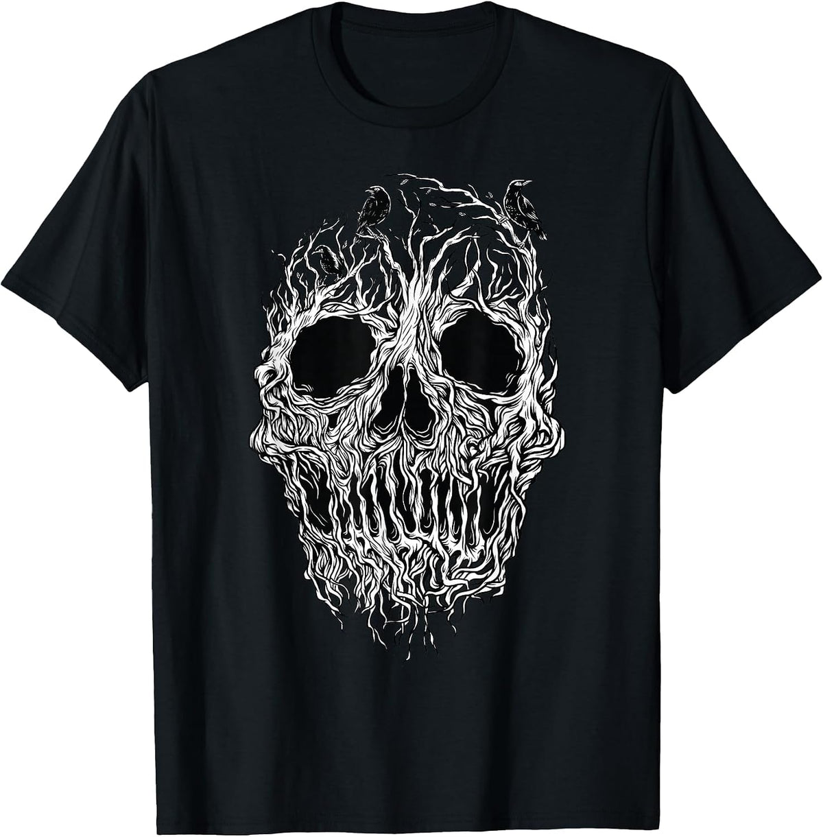 Skull Root Tree Crow Bird Raven for Lovers T-Shirt - Black