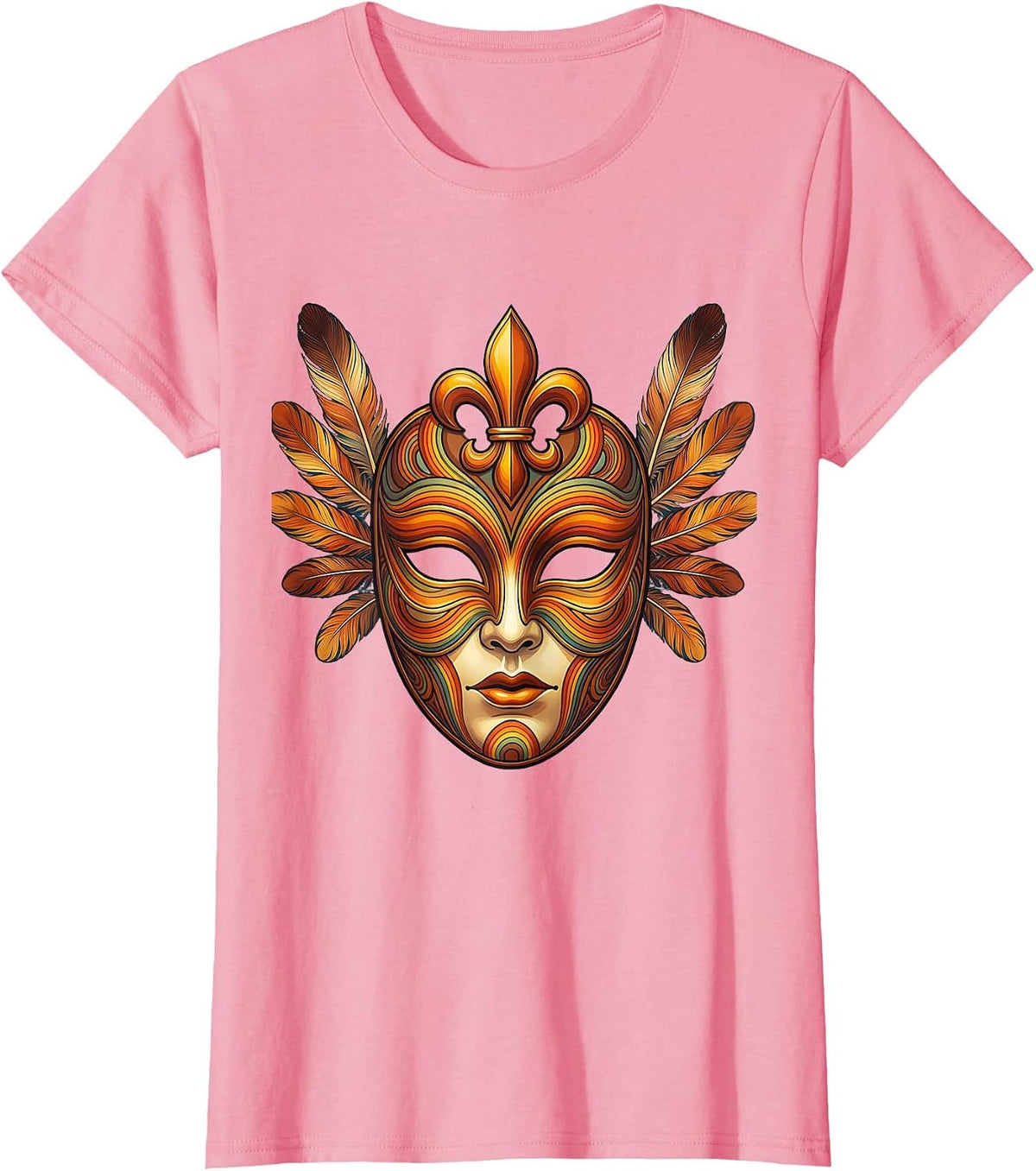 Women's Mardi Gras Ornate Venetian Mask Fleur-de-Lis T-Shirt - Pink