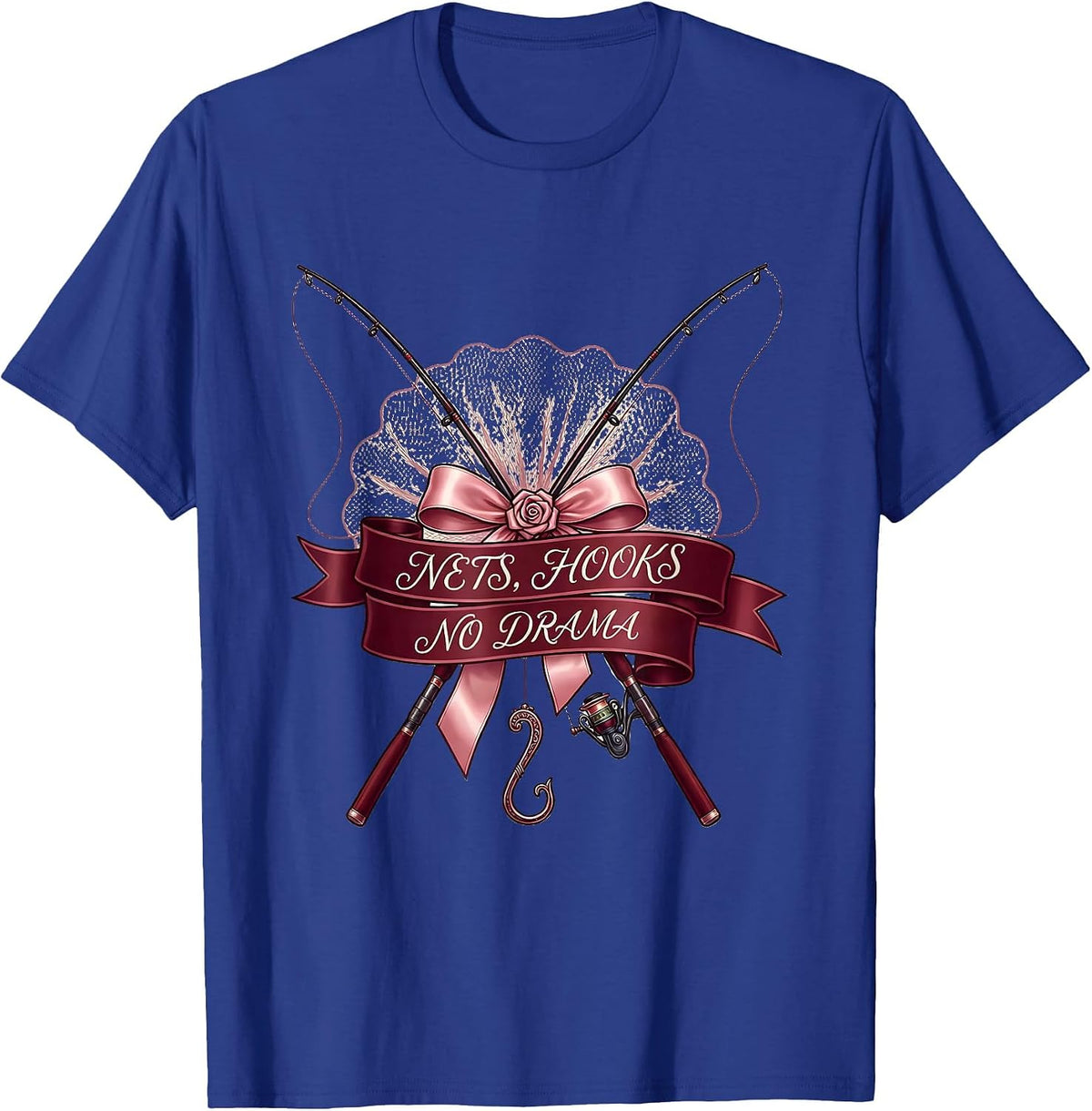 Men's Nets Hooks No Drama Fishing Design T-Shirt - Royal Blue