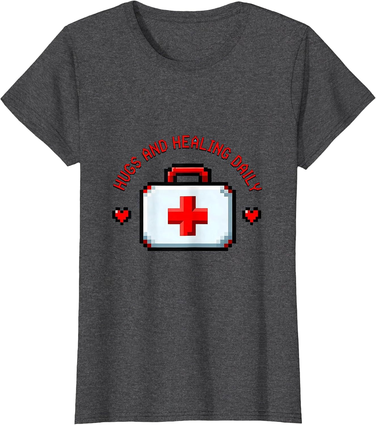 Women's Hugs and Healing Daily School Nurse Design T-Shirt - Dark Heather Grey