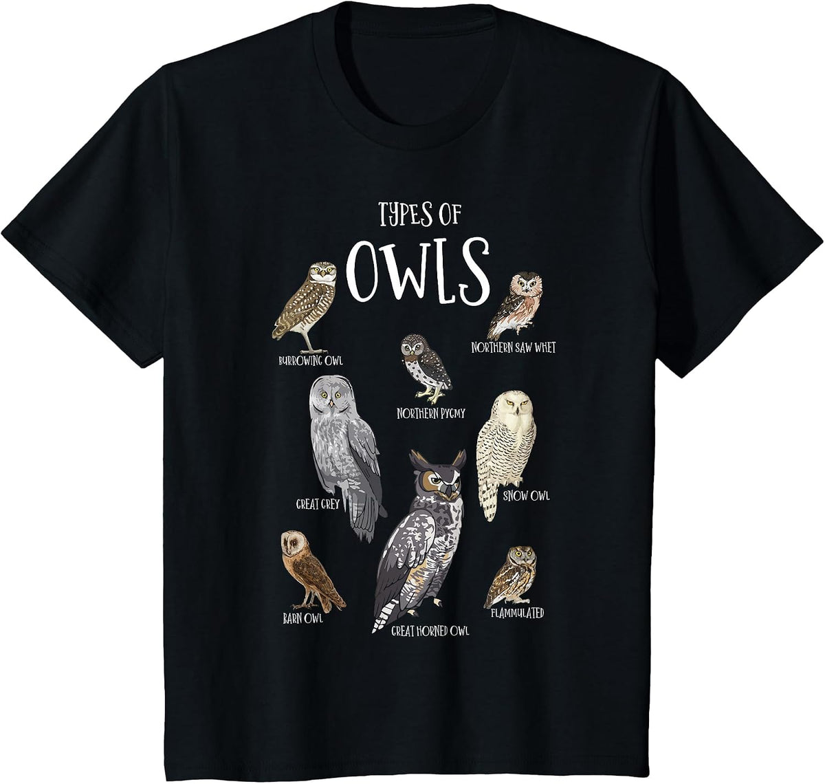 Types of Owls Shirt Educational Cute Owl Lover T-Shirt - Black