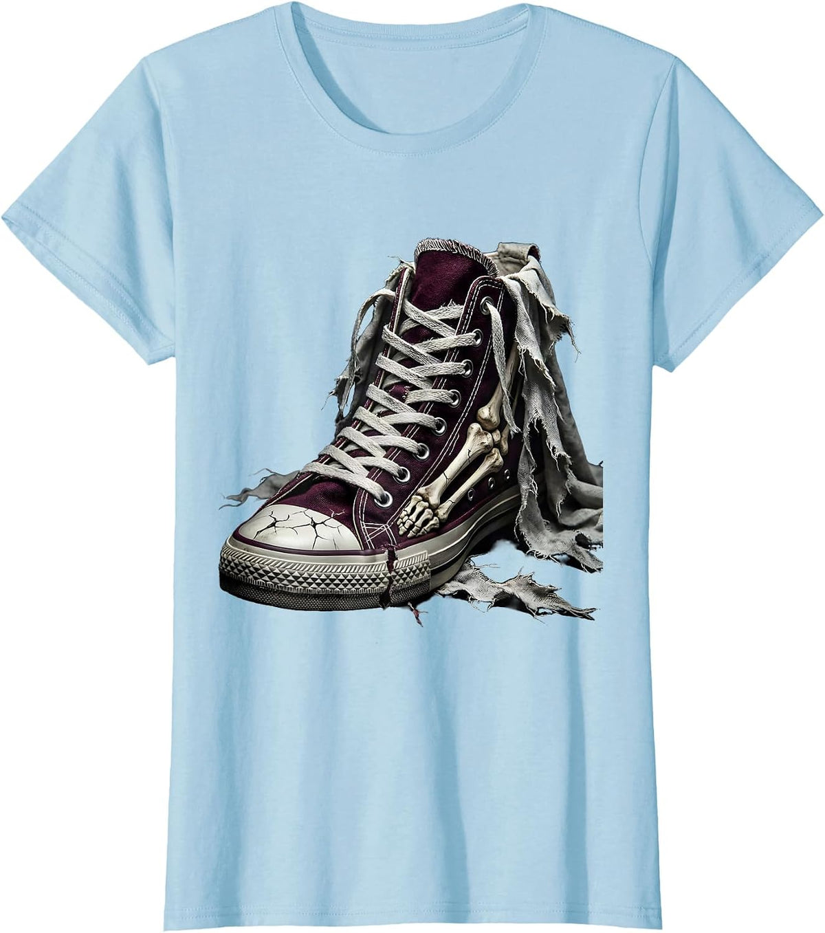 Women's Punk Ripped Sneaker Exposed Toe Bones Graphic T-Shirt - Baby Blue