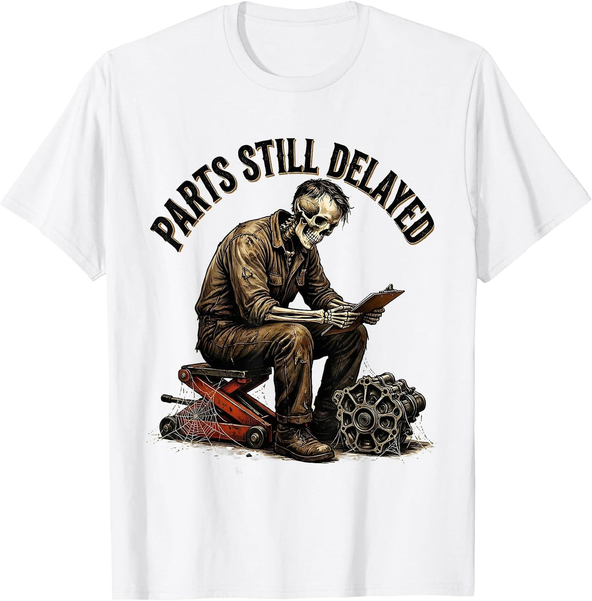Men's PARTS STILL DELAYED Vintage Mechanic Skeleton Auto Repair T-Shirt - White