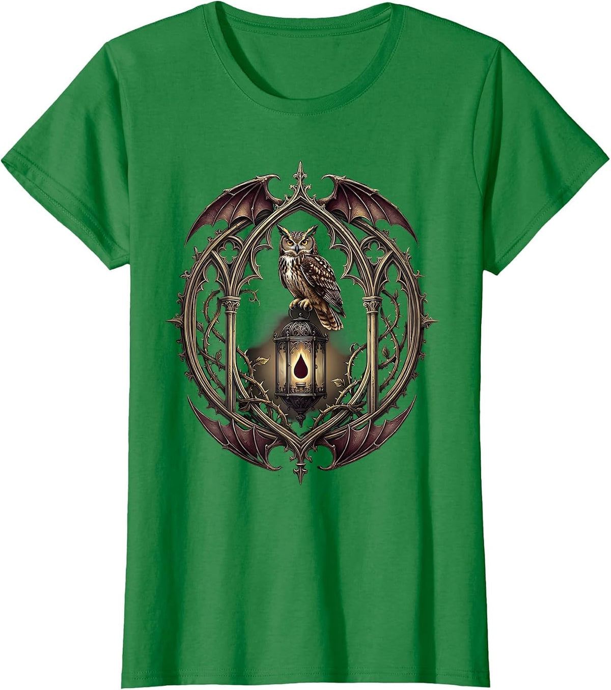 Women's Vintage Halloween Owl with Glowing Eyes on Lantern T-Shirt - Kelly Green