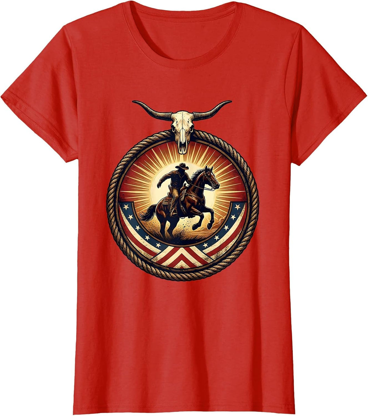 Lone Cowboy Riding Horse at Sunset Western T-Shirt - Red