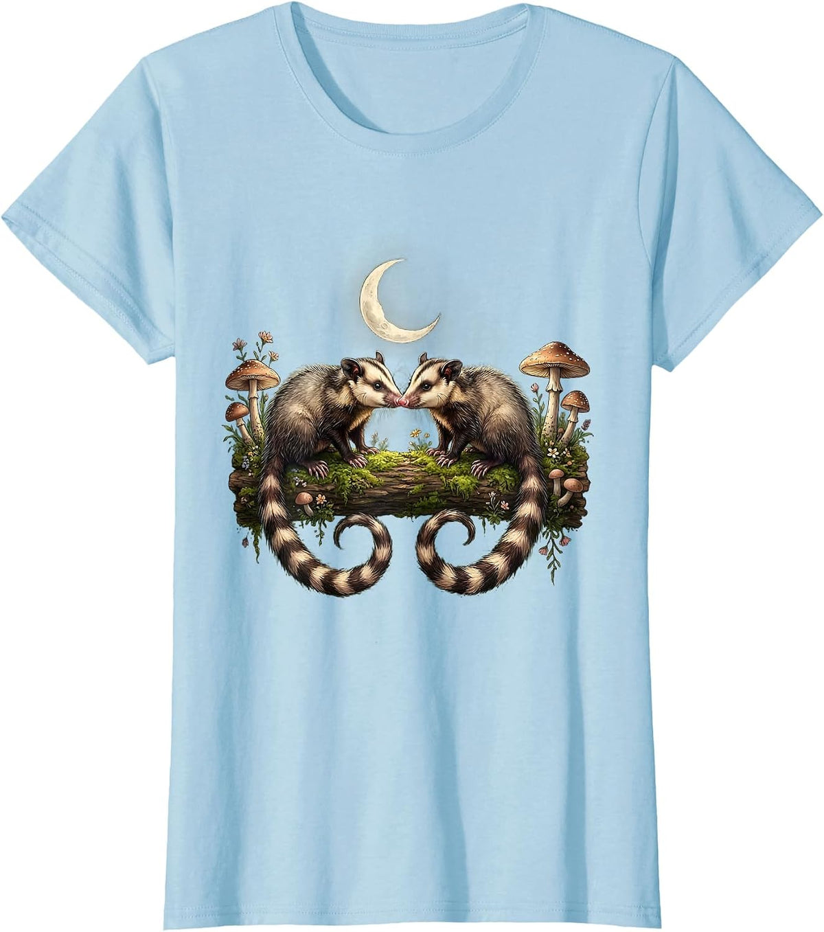 Women's Opossum Standoff on a Log Graphic Tee T-Shirt - Baby Blue