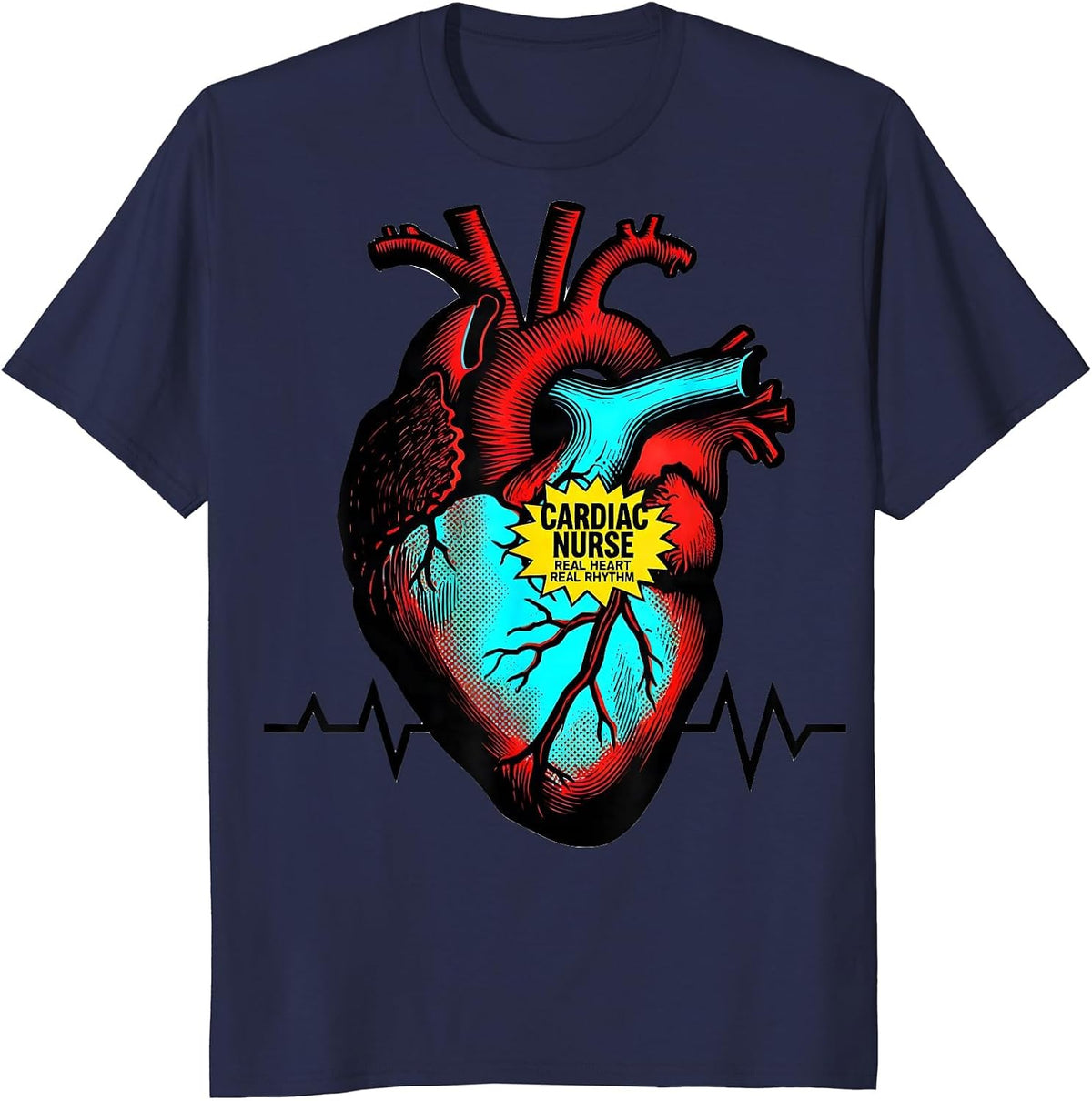 Cardiac Nurse. Real Heart, Real Rhythm Medical T-Shirt - Navy Blue