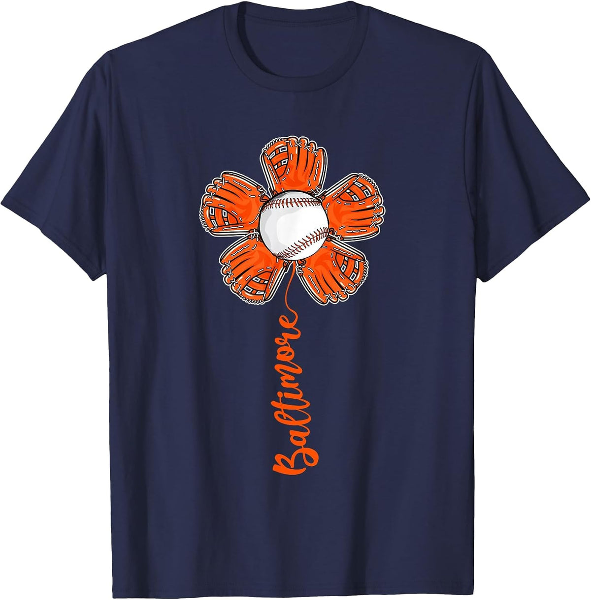 Baltimore Vintage Flower Baseball Lover Player and Fans T-Shirt - Navy Blue