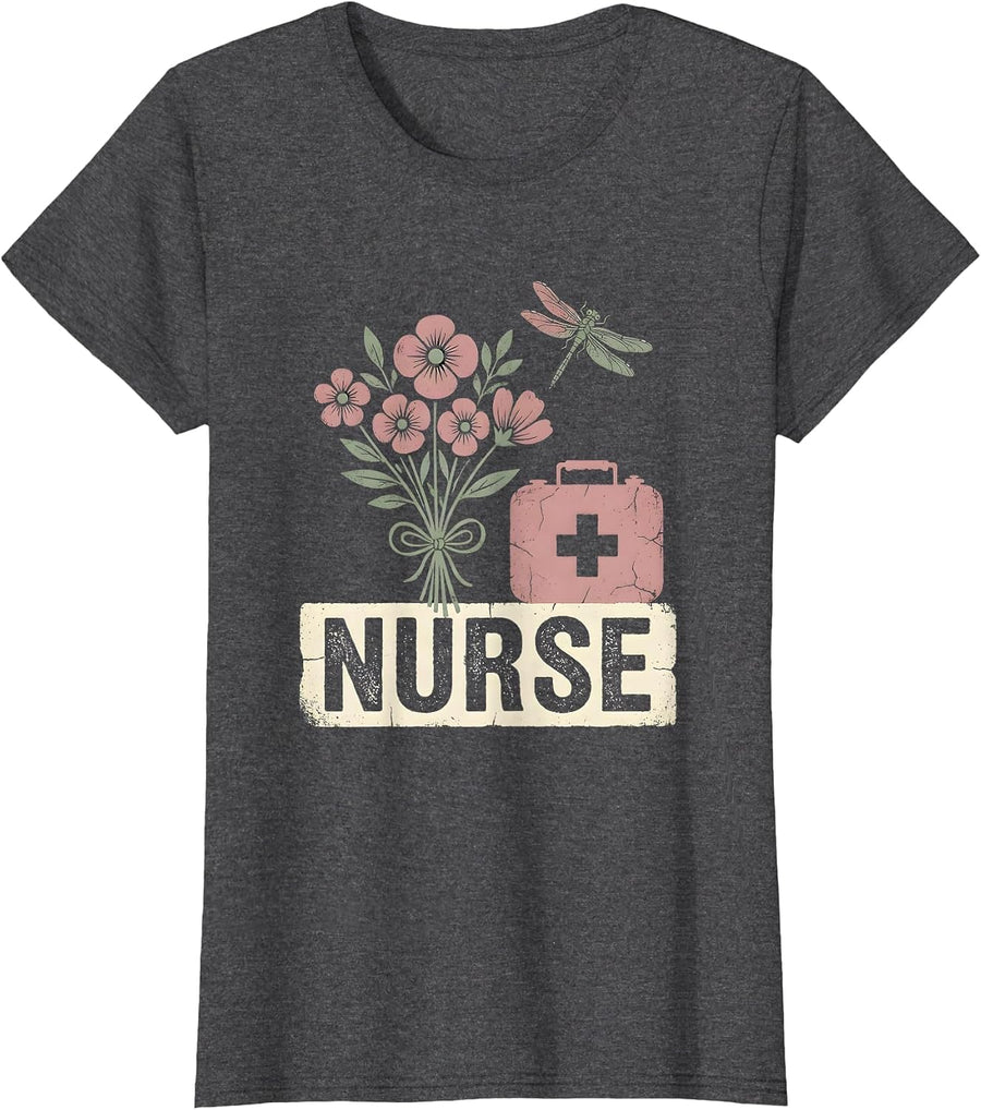 Women's Nurse Floral Boho Teacher Gift School Staff Appreciation T-Shirt - Dark Heather Grey