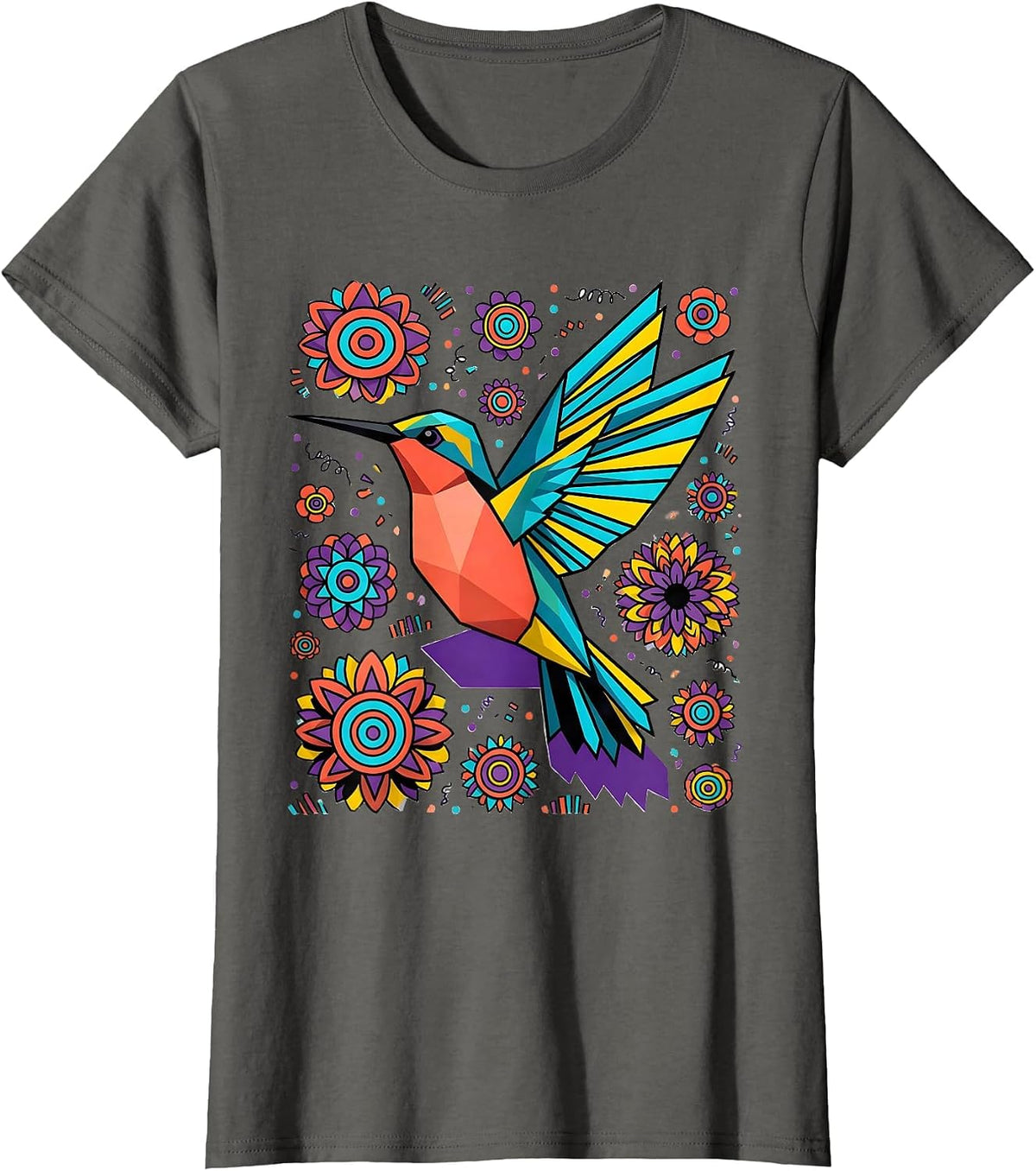 Women's Hummingbird in Flight Among Bursting Blossoms T-Shirt - Asphalt Grey