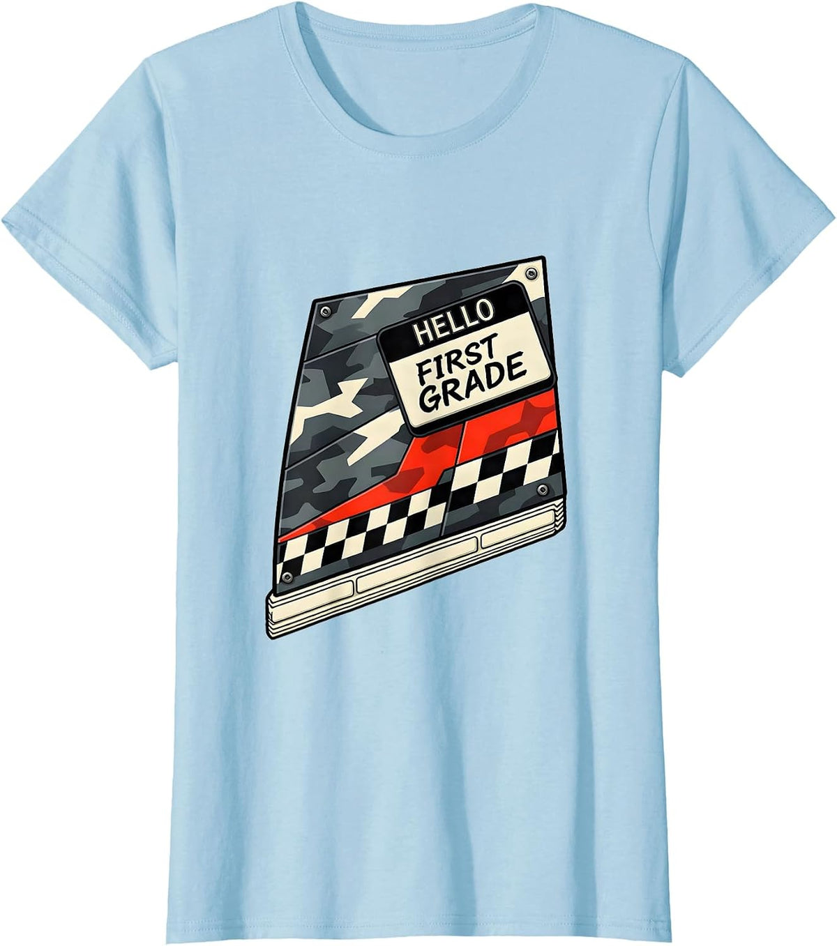 Women's Hello First Grade Camo Back To School Boys Teachers T-Shirt - Baby Blue