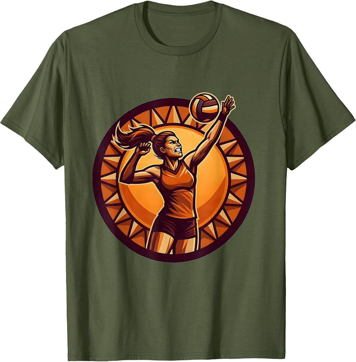 Volleyball Silhouette Sunset Graphic T-Shirt - Olive Green