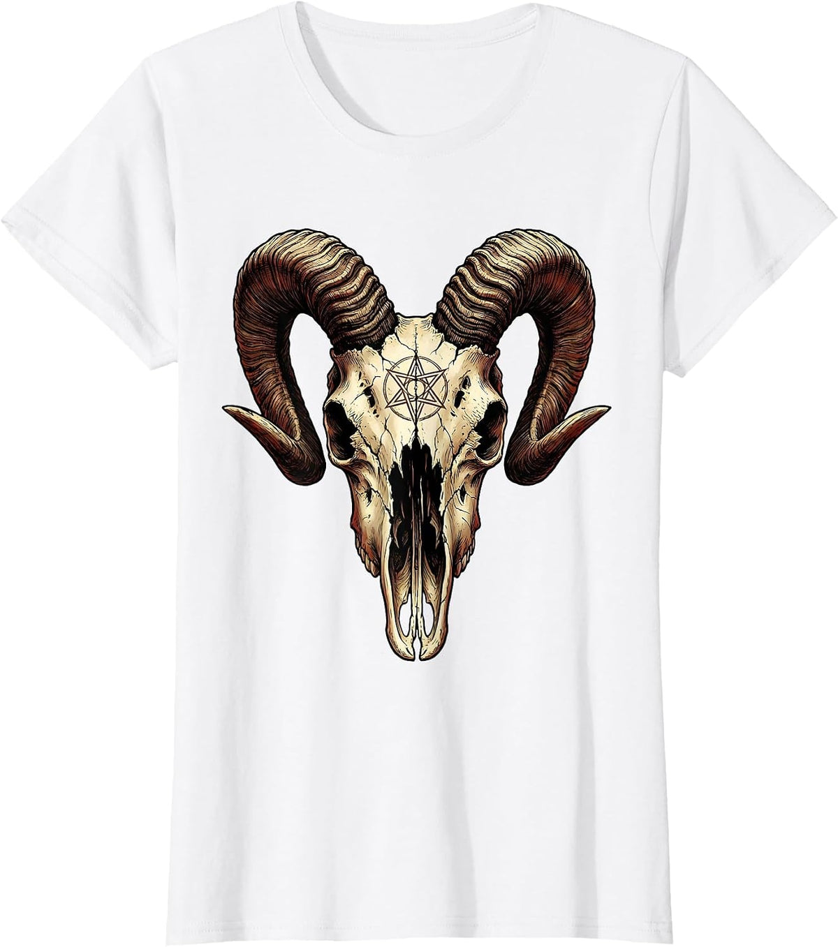 Demonic Goat Skull Curling Horns Horror Illustration T-Shirt - White