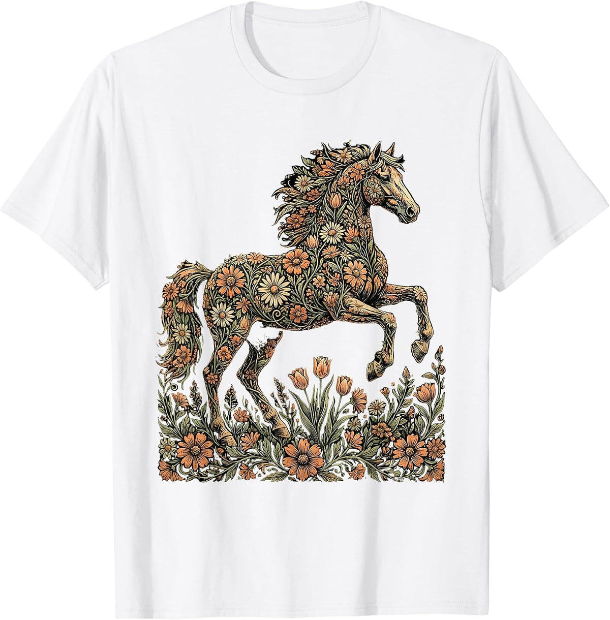 Men's Wildflower Horse Floral Botanical Art Design T-Shirt - White